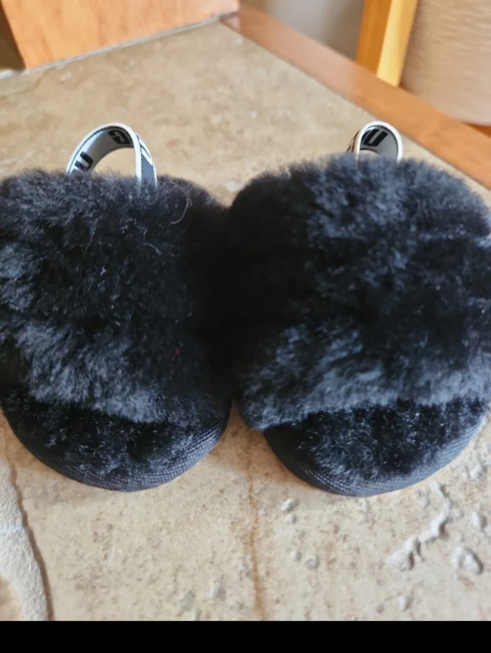 UGG Baby Black Fuzzy Slide Sandals with Logo Heel Strap